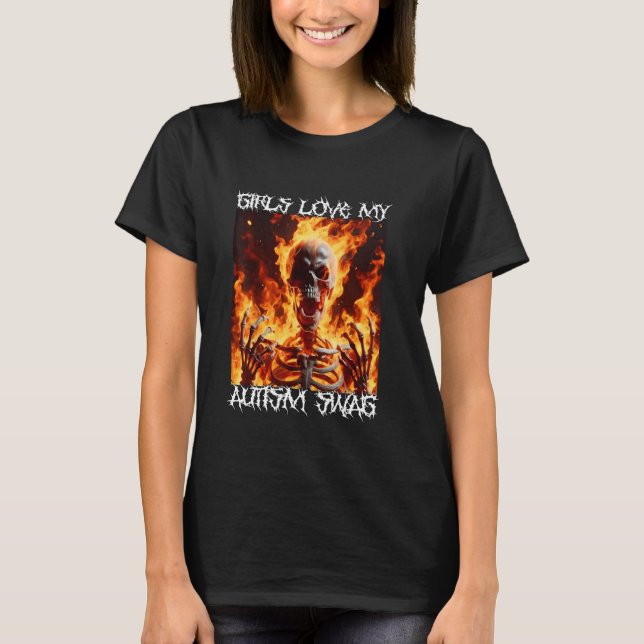 T-shirt Autisme Swag Drôle Cringe Dur Skeleton Meme Flames (Devant)