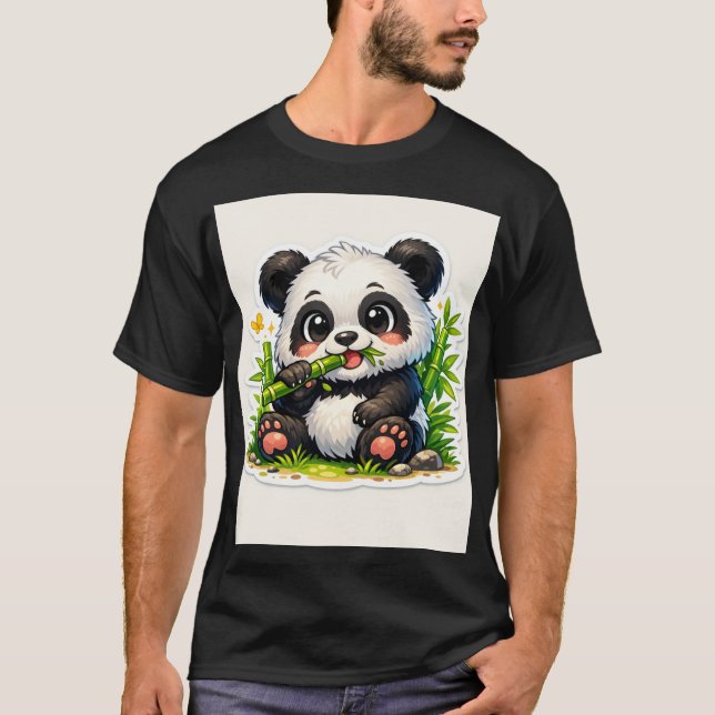 T-shirt Autocollant de panda mignon mangeant du bambou (Devant)