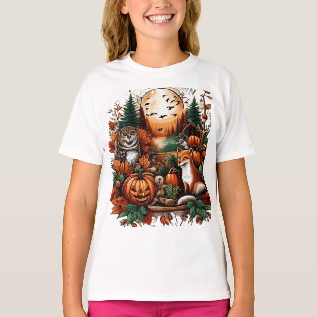 T-shirt Automne Animaux et Citrouilles (Devant)