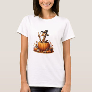 T-shirt Automne Citrouille Automne Giraffe Thanksgiving Fe