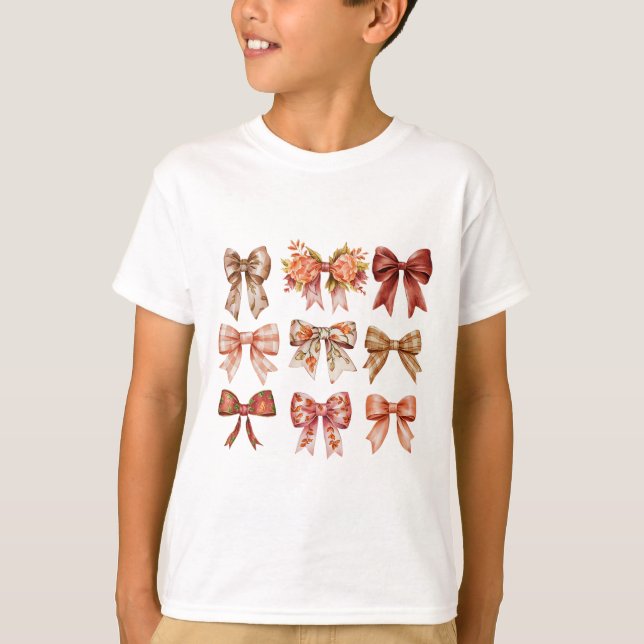 T-shirt Automne Citrouille Bow Coquette Feuilles d'Automne (Devant)