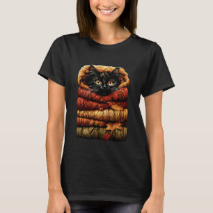 T-shirt Automne Coloré Chat au Repos avec Feuilles de l'Au