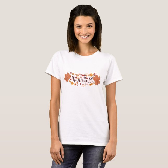 T-shirt Automne Feuilles Thankfull tendance et Citrouille (Devant entier)