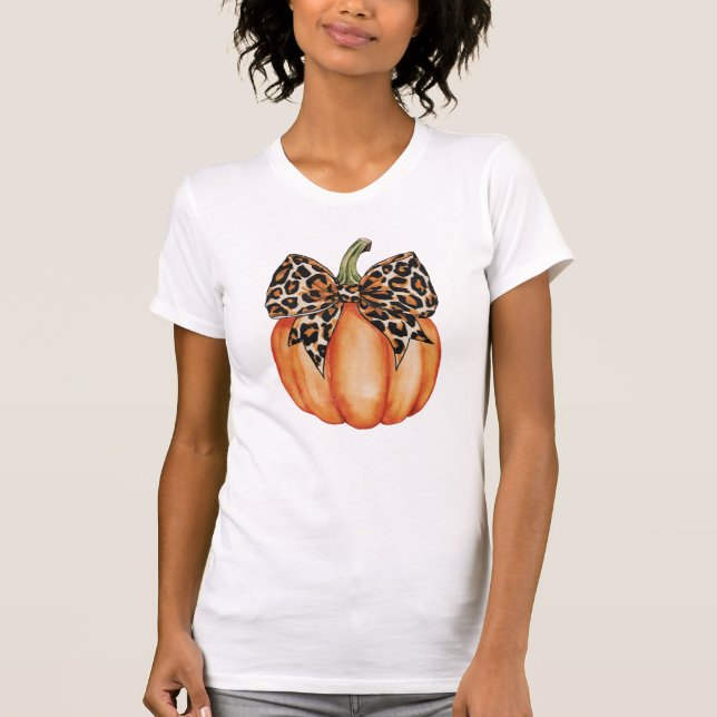 T-shirt Automne Halloween Citrouille Leopard Motif Bow (Devant)