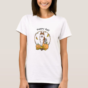 T-shirt Automne Sibérie Husky (rouge) Citrouille mignonne
