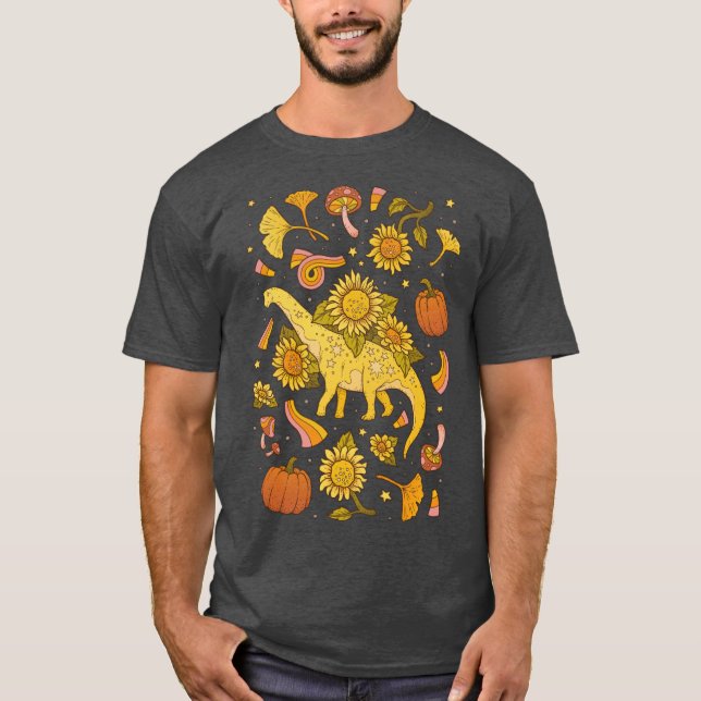 T-shirt Autumn Camarasaurus Fall Dinosaur Sunflower Art Fu (Devant)
