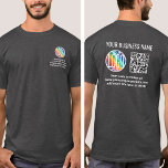 T-shirt Avant Arrière Code QR personnalisé et entreprise d<br><div class="desc">Créez vos propres t-shirts scannables personnalisés avec le logo de votre entreprise pour la publicité promotionnelle ou les uniformes des employés. Pour créer votre propre code QR à l'aide du générateur, il suffit de saisir l'URL du site Web dans le modèle. Tous les textes sont faciles à personnaliser ou à...</div>