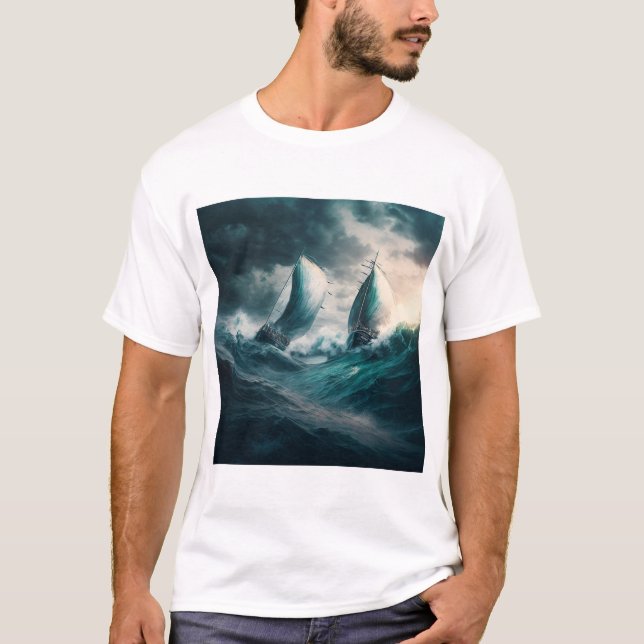 T-shirt avec deux voiliers dans la tempête (Devant)