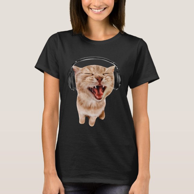 T-shirt Avec Filles Chat Casque Audio Mème (Devant)