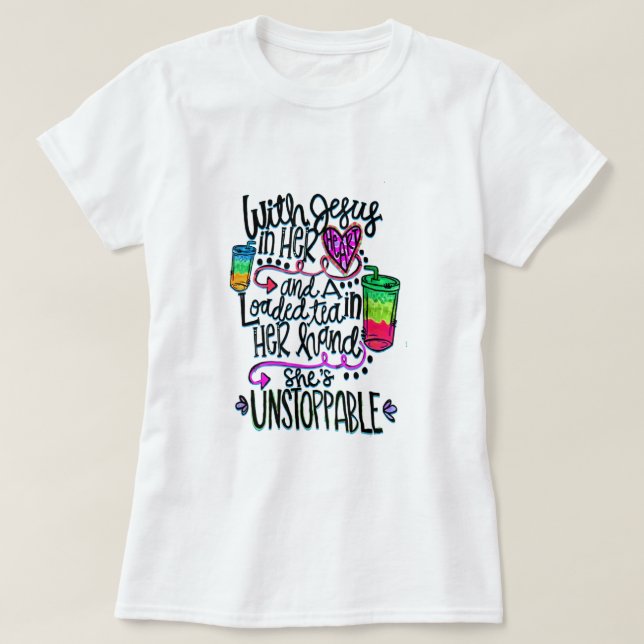 T-shirt Avec Jésus Dans Le Coeur Chargé Thé Dans Sa Main D (Design devant)