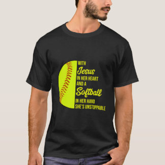 T-shirt Avec Jésus Dans Son Coeur, Elle Est Un Softball In
