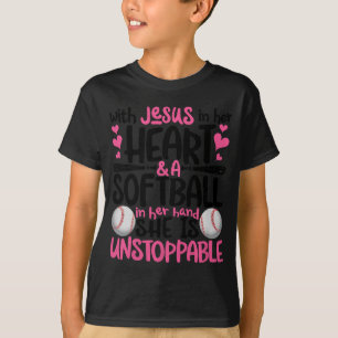 T-shirt Avec Jésus dans son cœur et un softball elle est i