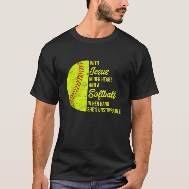 T-shirt Avec Jésus Dans Son Coeur Softball (Devant)