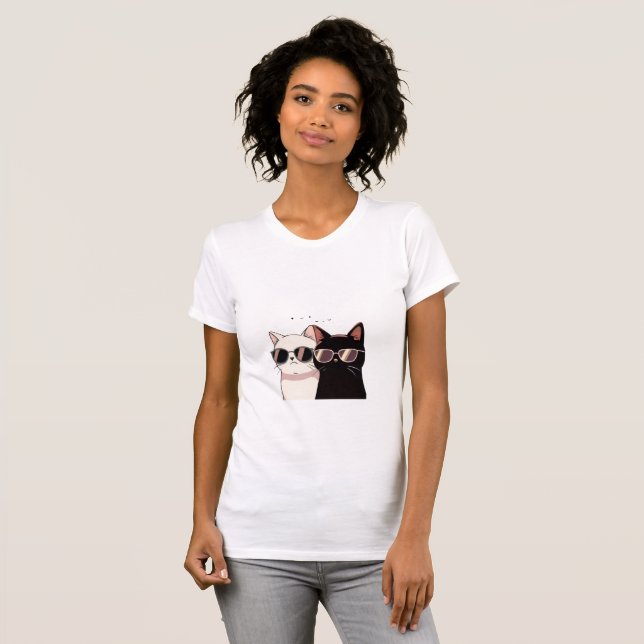 T-shirt avec lunettes de soleil pour chats doubles (Devant entier)