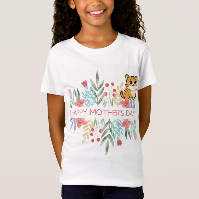 t-shirt avec motif de chat et fleurs (Devant)