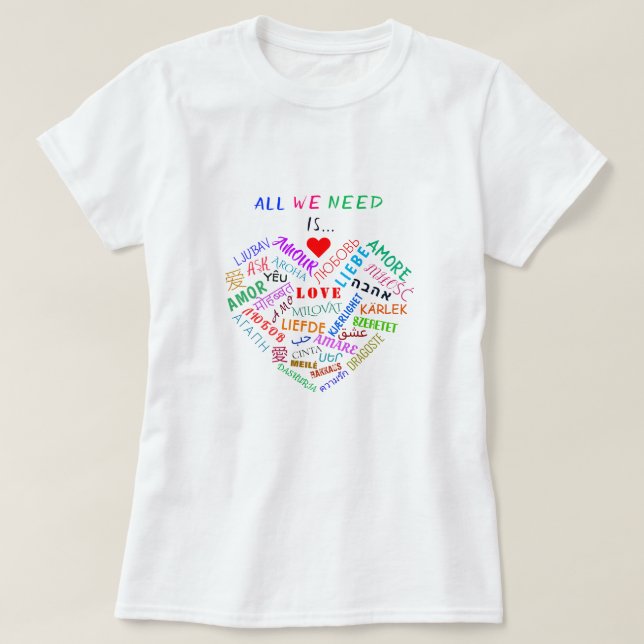 T-shirt avec texte multilingue mot d'amour (Design devant)