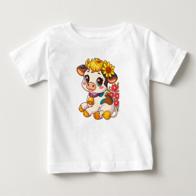 T-shirt avec un bébé vache mignon avec des fleurs (Devant)