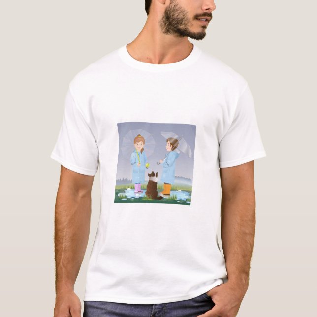 T-shirt Aventure pluvieuse d'enfants heureux.  (Devant)