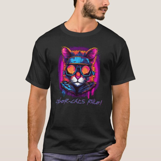 T-shirt Aventure Rad Synthwave Whiskers Cyber Cat (Devant)