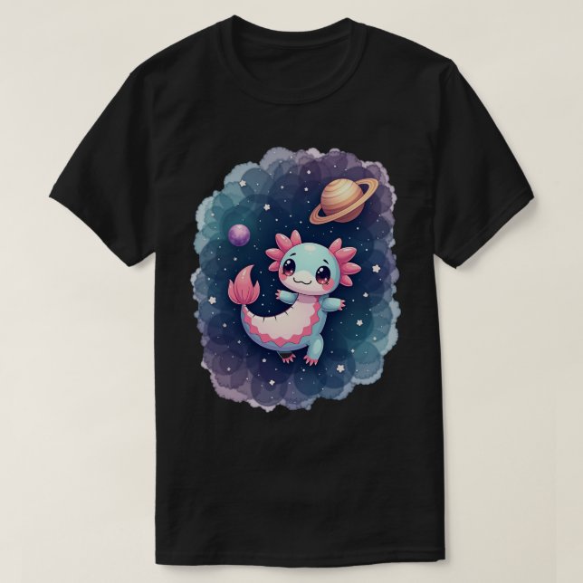 T-shirt Aventure spatiale de l'axolotl galactique rose mig (Design devant)