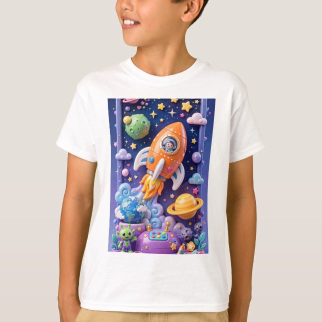 T-shirt Aventure spatiale mignonne 3D Fusée Verticale  (Devant)