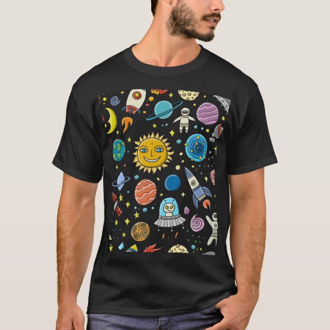 T-shirt Aventure spatiale : planètes, motif de fusées. (Devant)
