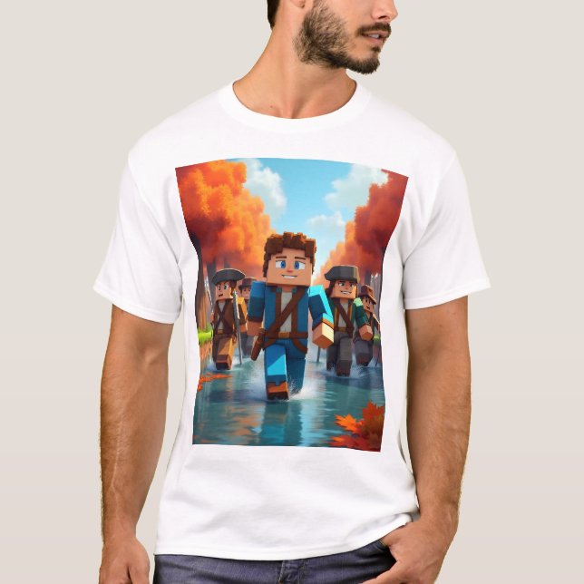 T-shirt Aventuriers de Minecraft explorant un cours d'eau (Devant)