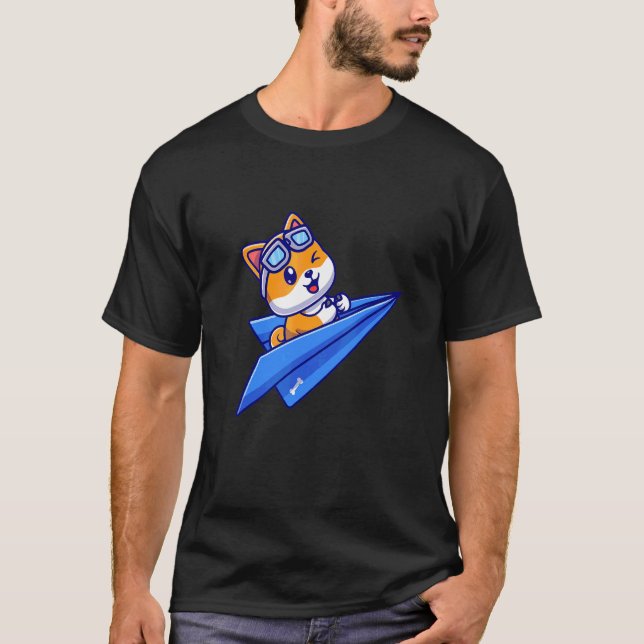 T-shirt Avion Papier Bleu Volant Joyeux Chien mignon Avec  (Devant)