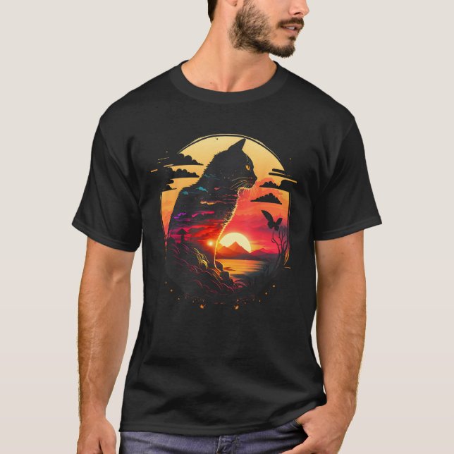 T-shirt Awesome Cat Sunset Retro Aesthetic Cat  Graphic (Devant)