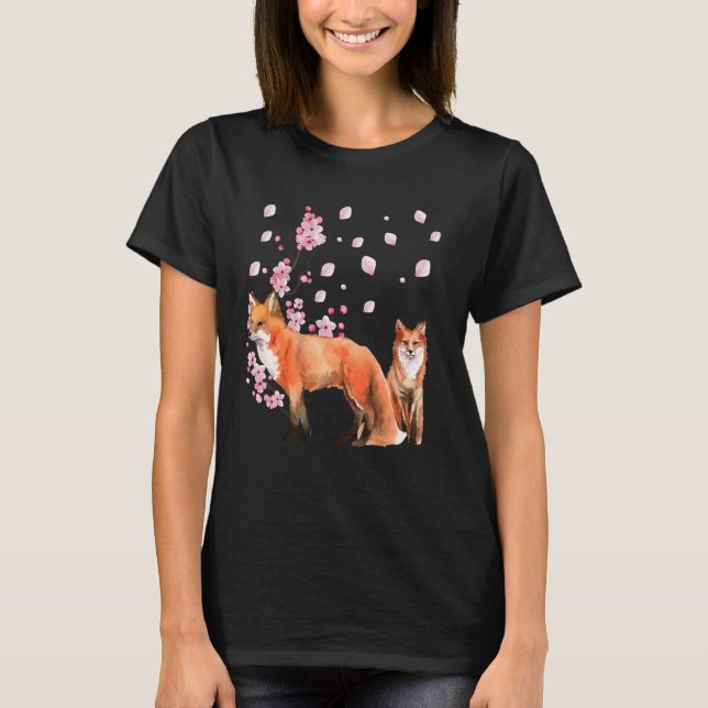 T-shirt Awesome Foxes Lovers Shirt Japanese Cherry Flower  (Devant)