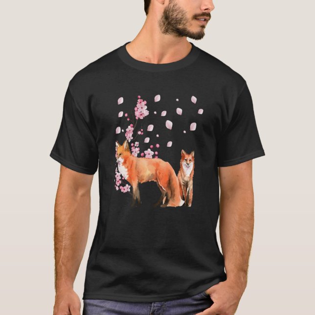 T-shirt Awesome Foxes Lovers Shirt Japanese Cherry Flower  (Devant)