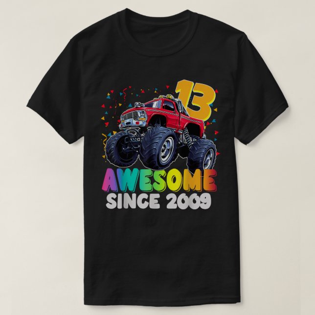 T-shirt Awesome Since 2009 13th Birthday Boy Monster Truck (Design devant)
