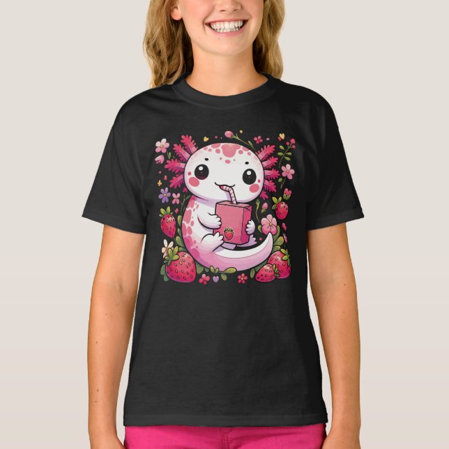 T-shirt Axolotl Boire du lait de fraise japonais (Devant)