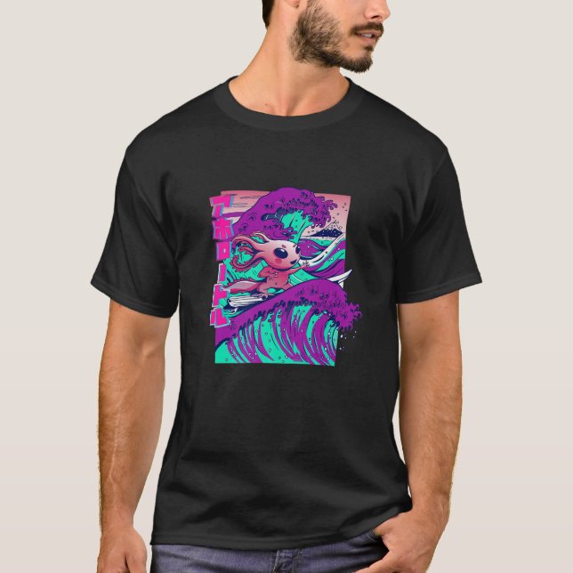 T-shirt Axolotl, Mignon Funny Surf Axolotl, Vagues Kanji (Devant)