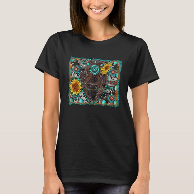 T-shirt Aztec Turquoise Sunflower bison Western Rodeo Boho (Devant)
