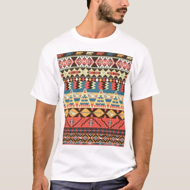 T-shirt Aztèque coloré : oiseaux, fleurs motif. (Devant)