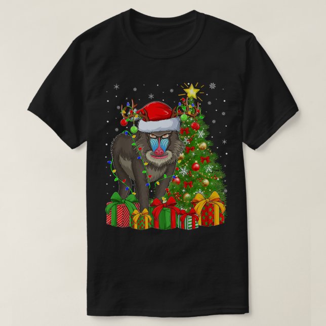 T-shirt Baboon Éclairage Xmas Arbre Santa Hat Baboon Noël (Design devant)