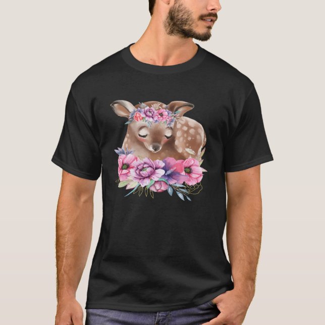 T-shirt Baby Deer Fawn with Flowers Forest Animals Nature  (Devant)