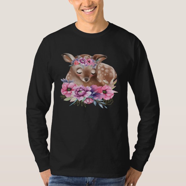 T-shirt Baby Deer Fawn with Flowers Forest Animals Nature  (Devant)