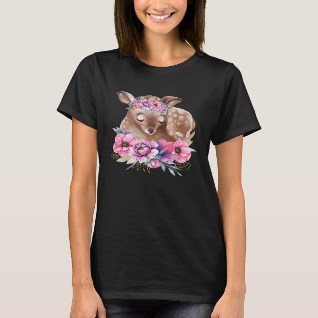 T-shirt Baby Deer Fawn with Flowers Forest Animals Nature  (Devant)