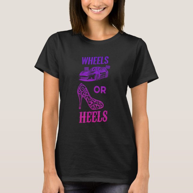 T-shirt Baby Shower Gender Reveal Wheels Or Heels Tee (Devant)