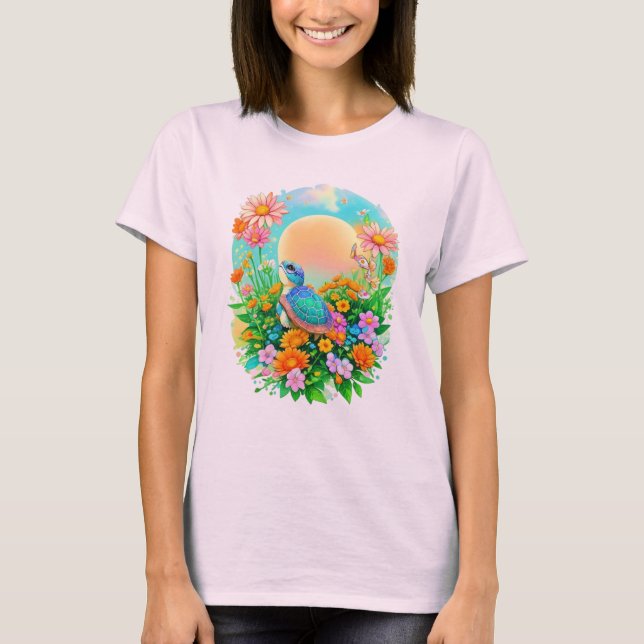 T-shirt Baby Turtle Sunrise Wildflower Garden Watercolor (Devant)