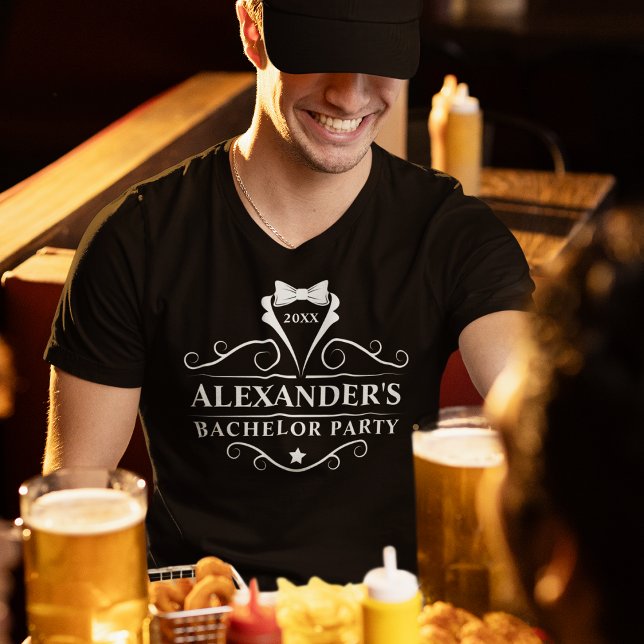 T-shirt Bachelor Party Tuxedo Nom de la Cravate (Customize to change text size. Choose from a variety of shirt colors and styles.)