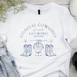 T-shirt Bachelorette occidentale nautique<br><div class="desc">tshirts Coastal cowgirl bachelorette party personnalisés en bleu clair et blanc avec bottes cowboy et coquillages est parfait comme un thème de fête bachelorette amusant, moderne et vintage. Personnalisé avec votre nom et les slogans "cowgirl côtière" et "dernier rodéo". Célébrez votre douche nuptiale avec le thème parfait de la fête...</div>