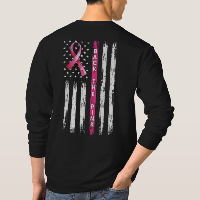 T-shirt Back The Pink Ribbon American Flag Breast Cancer T (Dos)