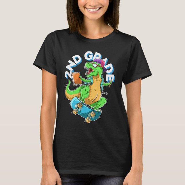 T-shirt Back to School 2nd grade Dinosaur Riding Skateboar (Devant)