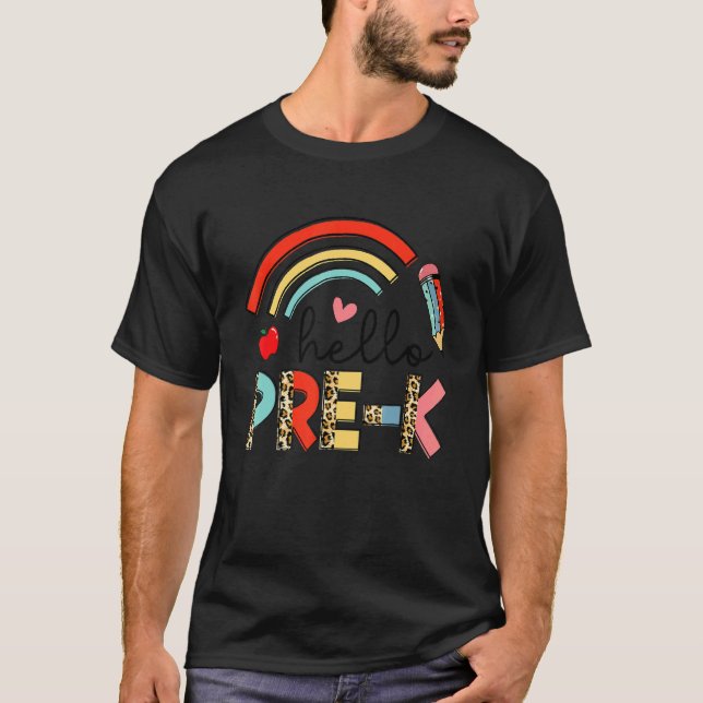 T-shirt Back to School First Day Hello Pre K Leopard Rainb (Devant)