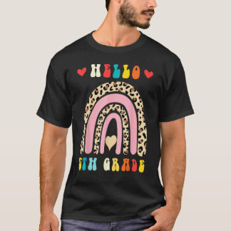 T-shirt Back To School Hello Fifth 5th Grade Rainbow Leopa