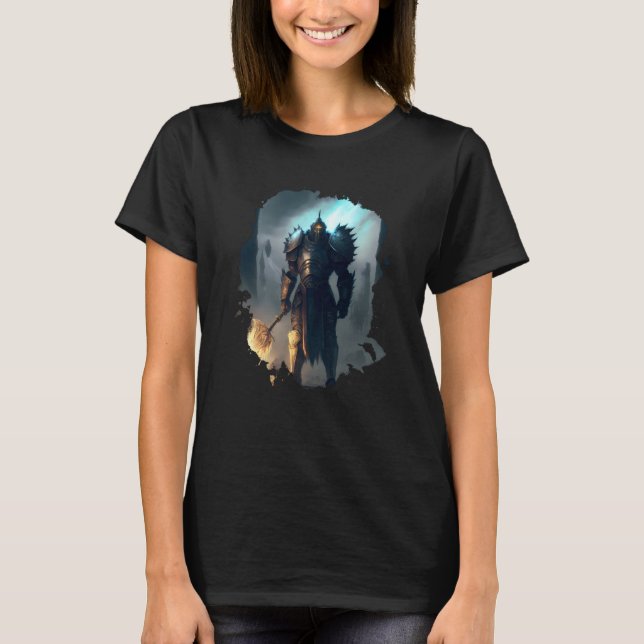 T-shirt Backprint Mighty knight in armor with fire sword (Devant)
