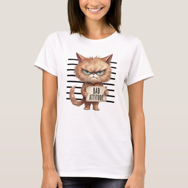 T-shirt Bad Attitude Chat Mugshot - Drôle Feline Design (Devant)